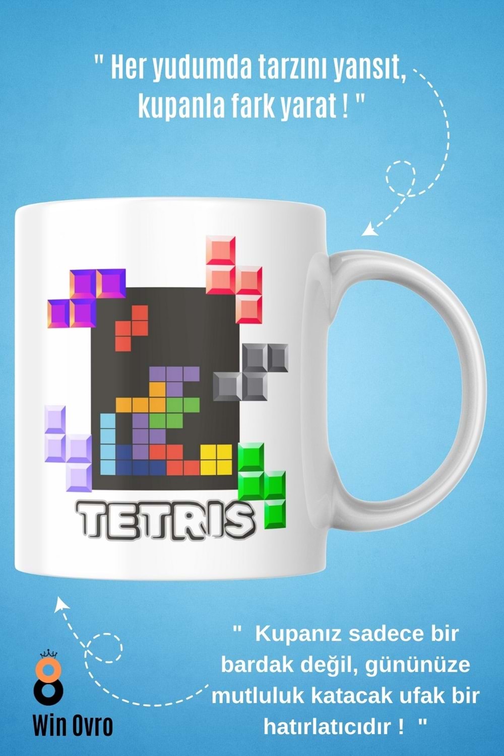Win Ovro Premium Beyaz Porselen Hediye Çift Yön Baskılı Kupa Bardak - Tetris