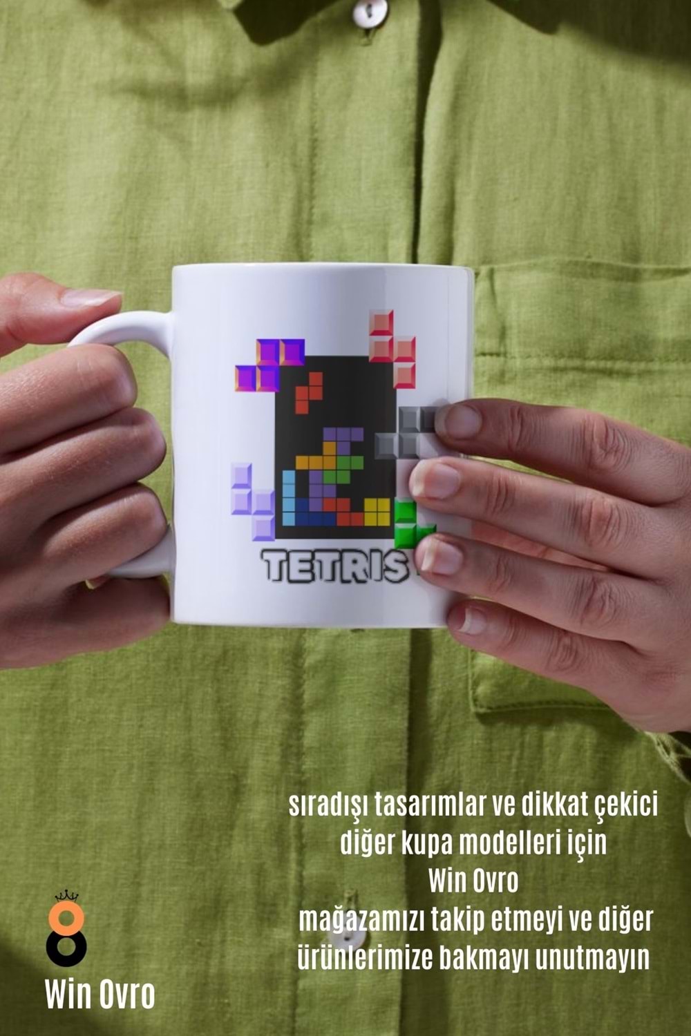 Win Ovro Premium Beyaz Porselen Hediye Çift Yön Baskılı Kupa Bardak - Tetris
