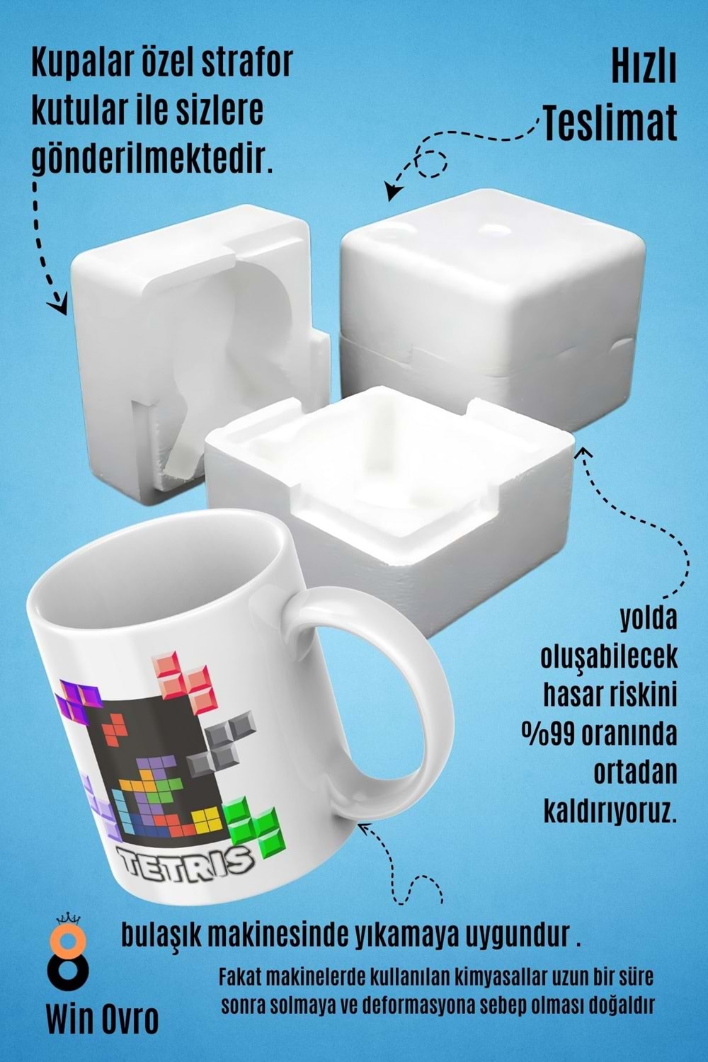 Win Ovro Premium Beyaz Porselen Hediye Çift Yön Baskılı Kupa Bardak - Tetris