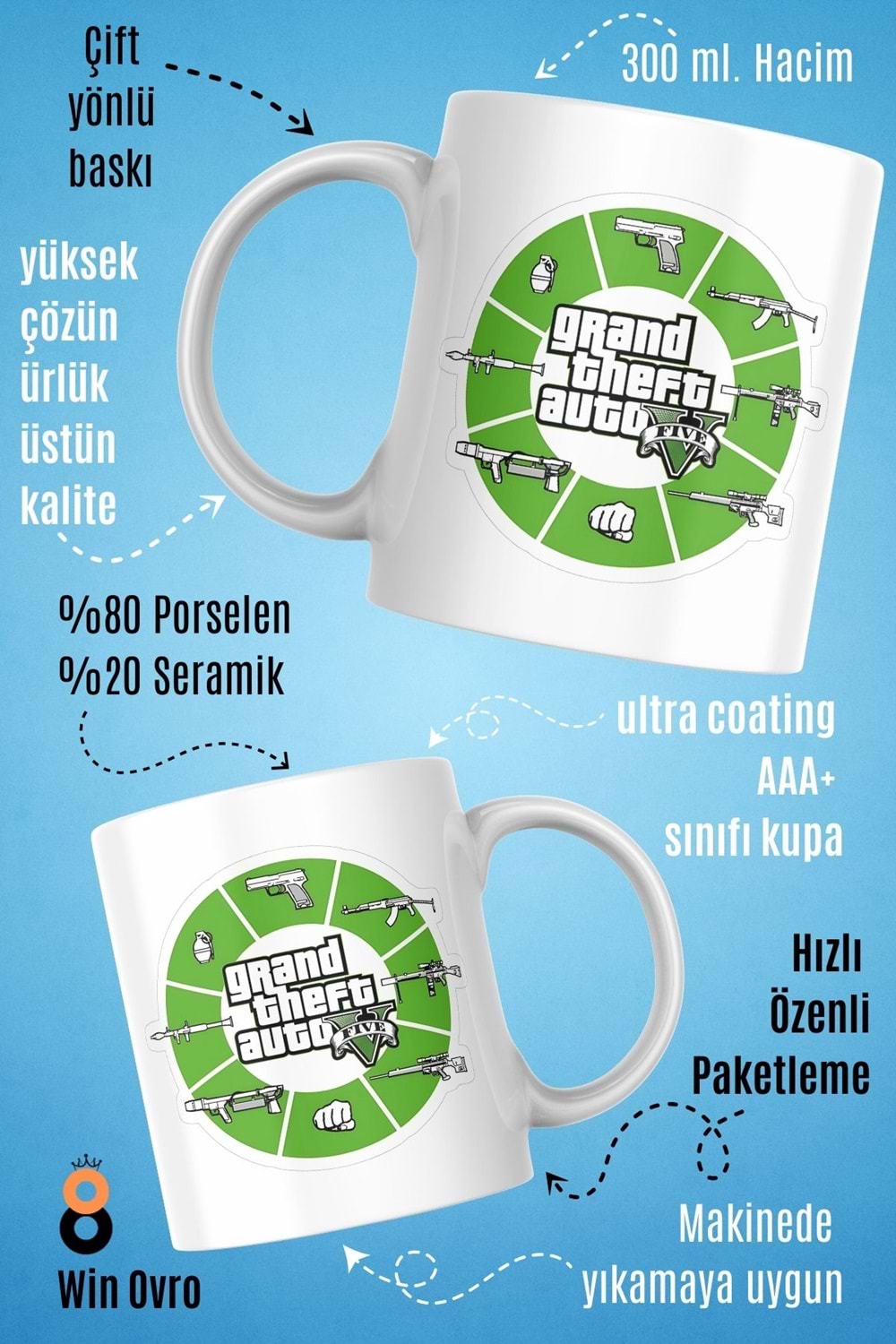 Win Ovro Premium Beyaz Porselen Hediye Çift Yön Baskılı Kupa Bardak - Grand Theft Auto Five V 5