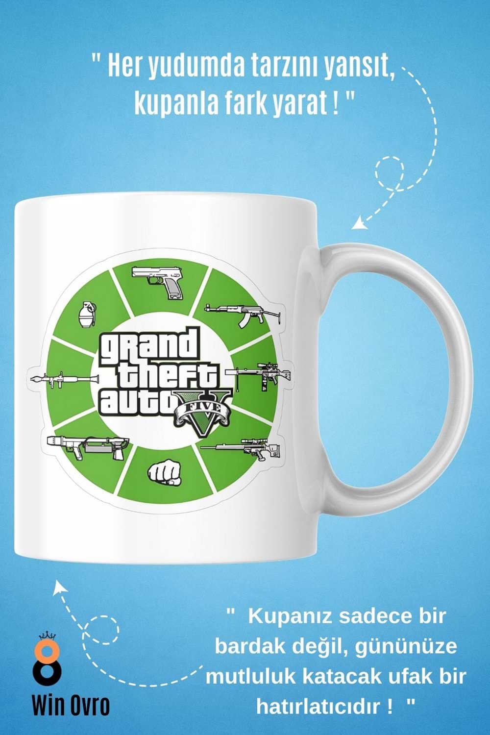Win Ovro Premium Beyaz Porselen Hediye Çift Yön Baskılı Kupa Bardak - Grand Theft Auto Five V 5