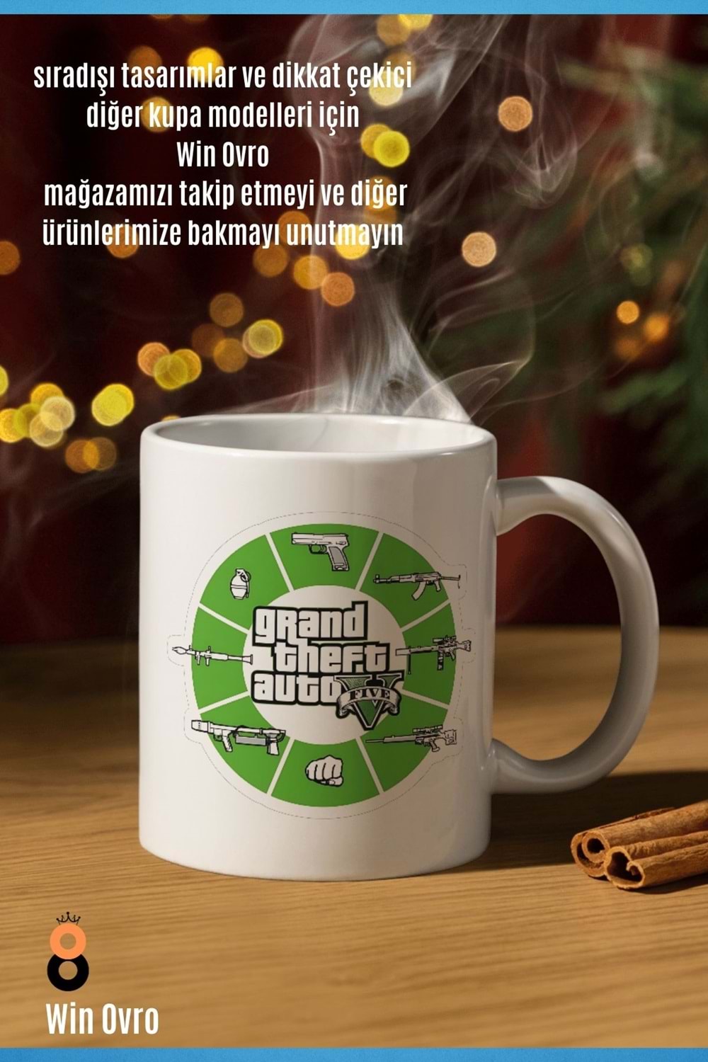 Win Ovro Premium Beyaz Porselen Hediye Çift Yön Baskılı Kupa Bardak - Grand Theft Auto Five V 5
