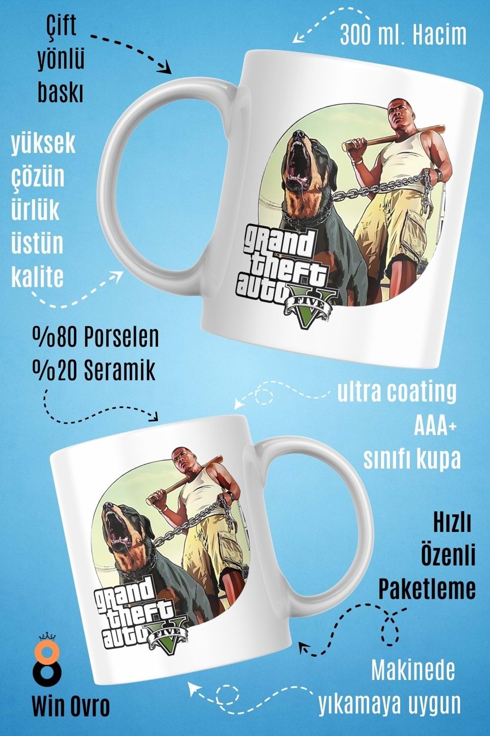 Win Ovro Premium Beyaz Porselen Hediye Çift Yön Baskılı Kupa Bardak - Grand Theft Auto Five V 5 - 02