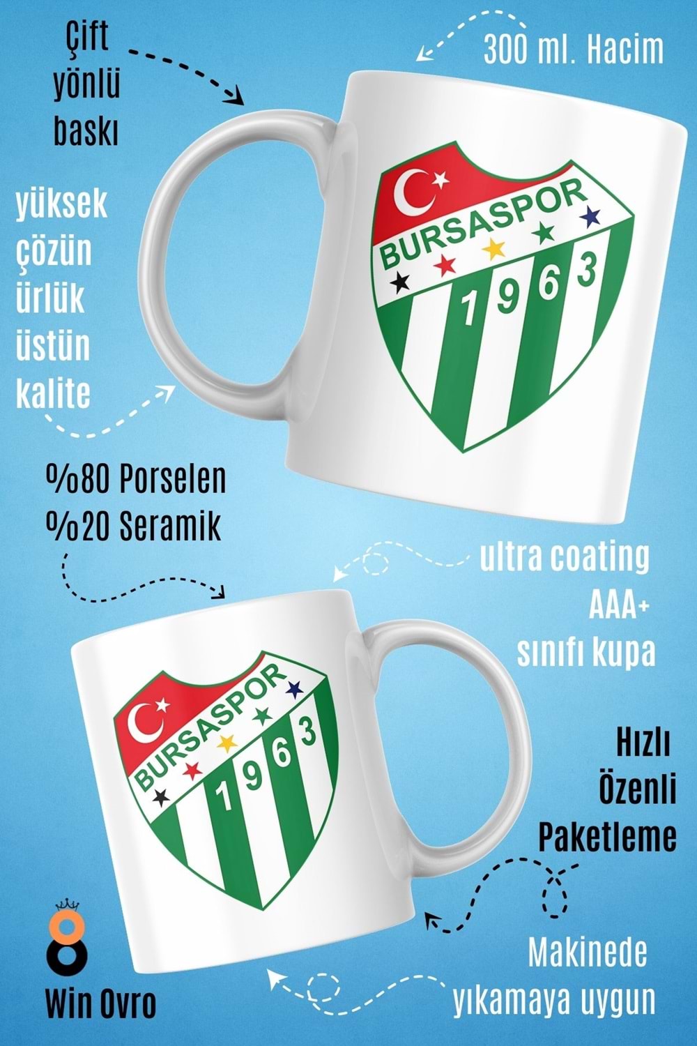 Win Ovro Premium Beyaz Porselen Hediye Çift Yön Baskılı Kupa Bardak - Bursa Spor Logo
