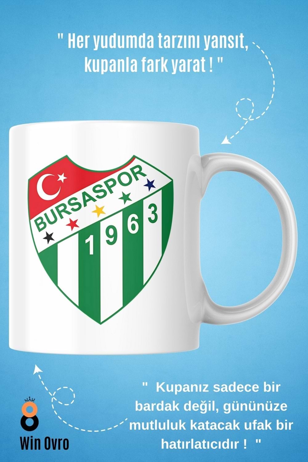 Win Ovro Premium Beyaz Porselen Hediye Çift Yön Baskılı Kupa Bardak - Bursa Spor Logo