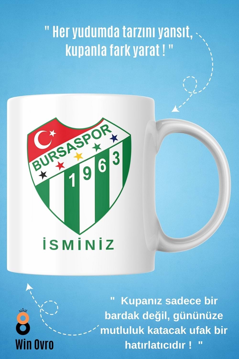 Win Ovro Premium Beyaz Porselen Hediye Çift Yön Baskılı Kupa Bardak - BursaSpor Kişiye Özel İsim