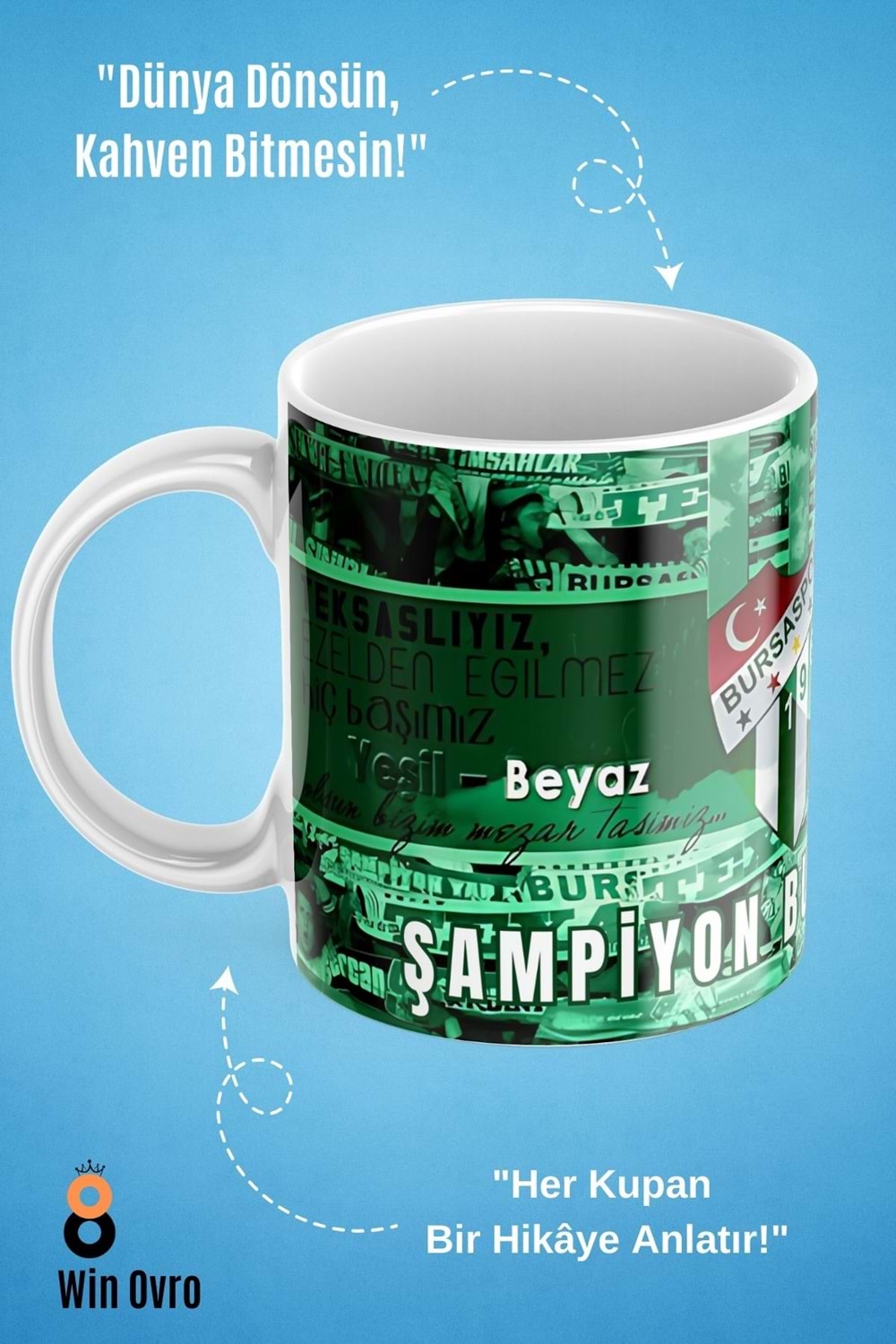 Win Ovro Premium Beyaz Porselen Hediye Çift Yön Baskılı Kupa Bardak - Şampiyon Bursaspor
