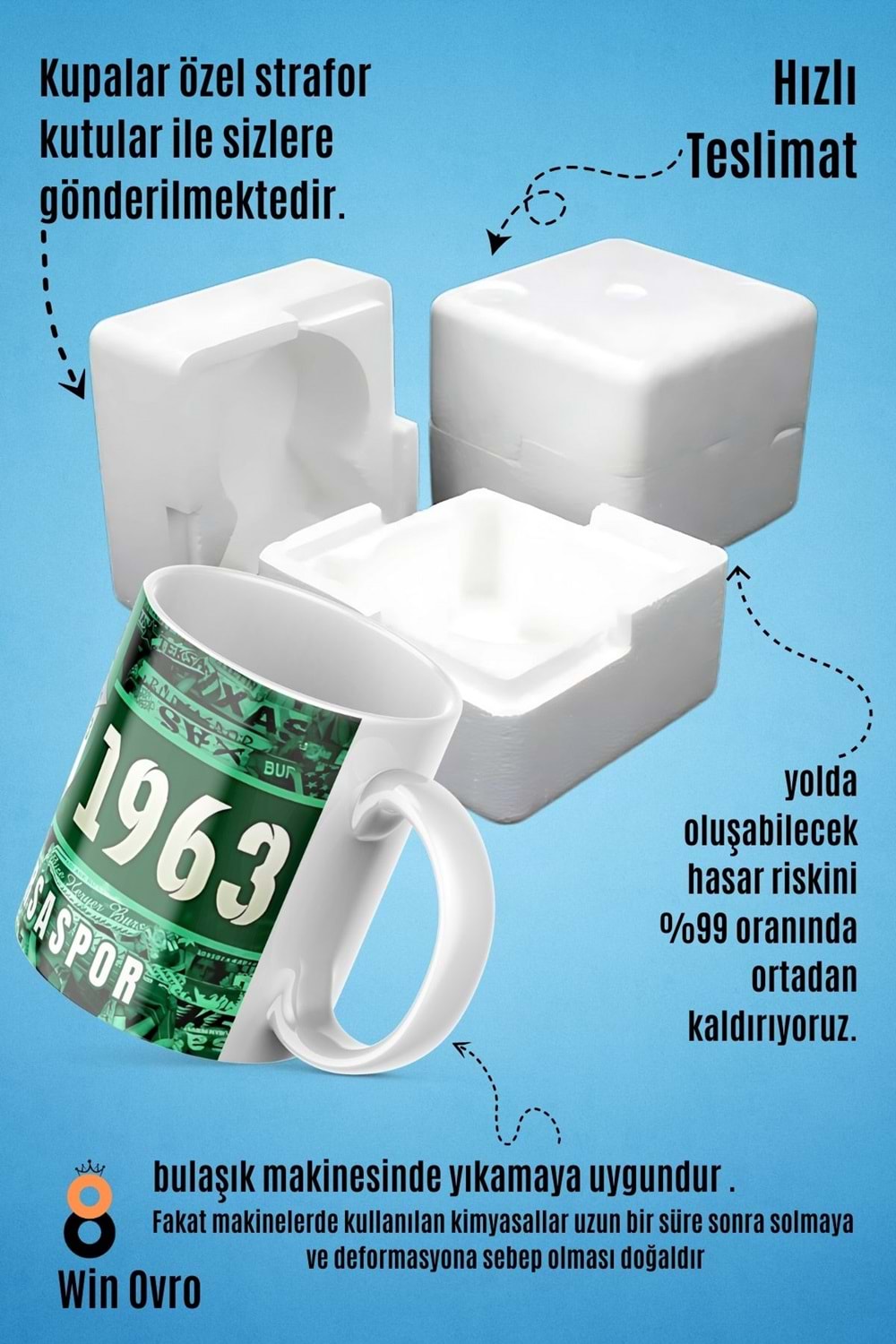 Win Ovro Premium Beyaz Porselen Hediye Çift Yön Baskılı Kupa Bardak - Şampiyon Bursaspor