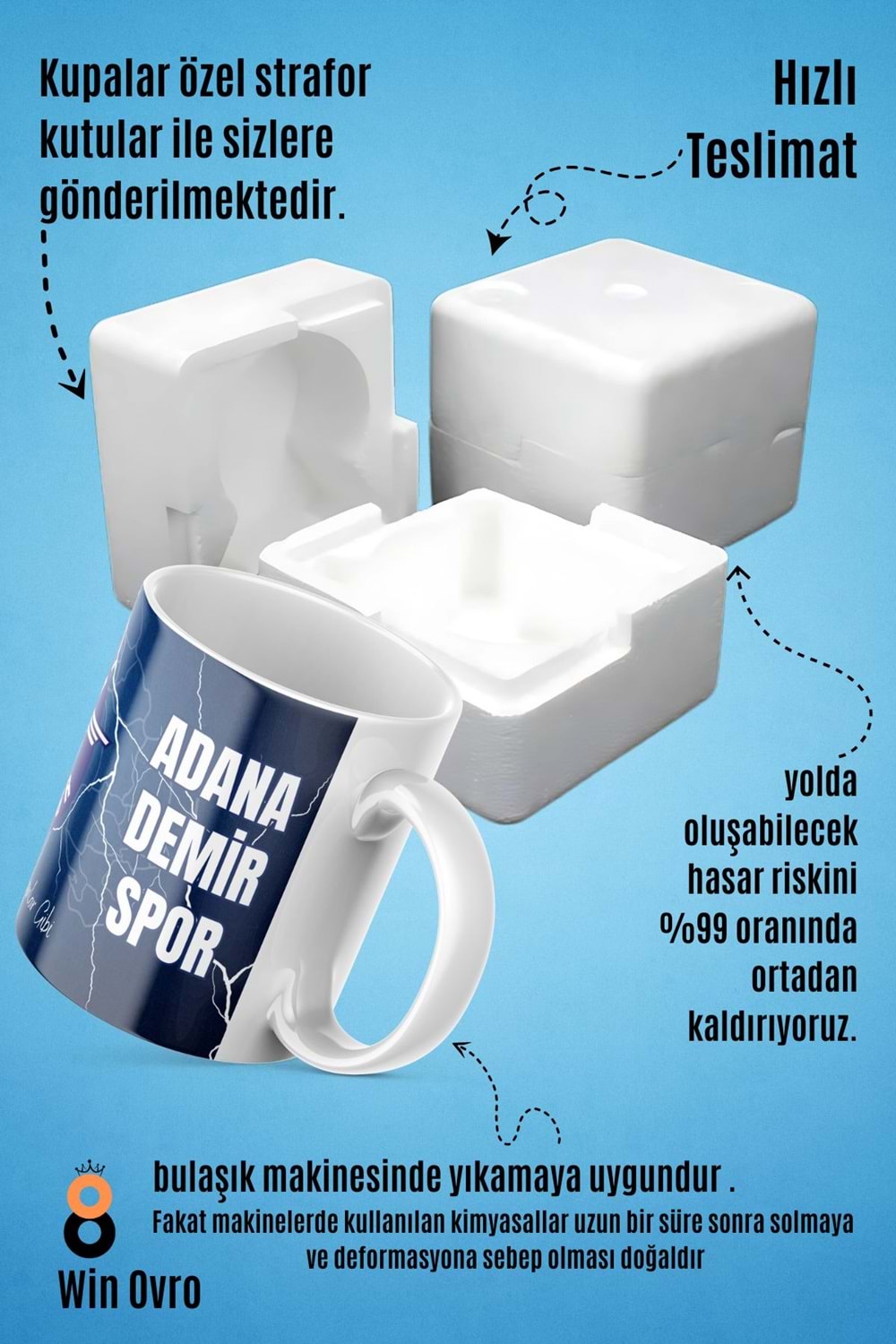 Win Ovro Premium Beyaz Porselen Hediye Çift Yön Baskılı Kupa Bardak - Adana Demirspor Taraftar