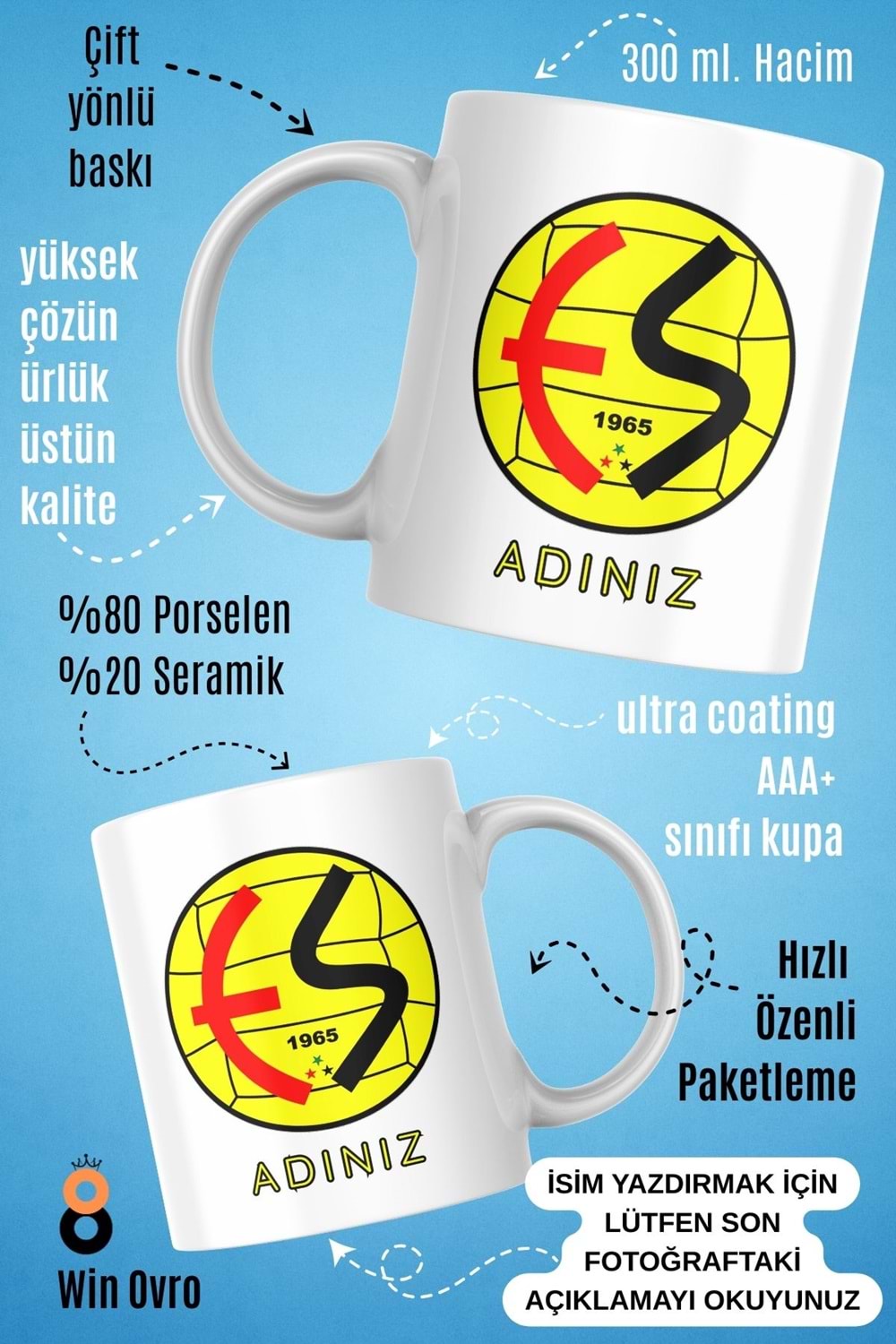 Win Ovro Premium Beyaz Porselen Hediye Çift Yön Baskılı Kupa Bardak - Eskişehirspor Kişiye Özel İsim