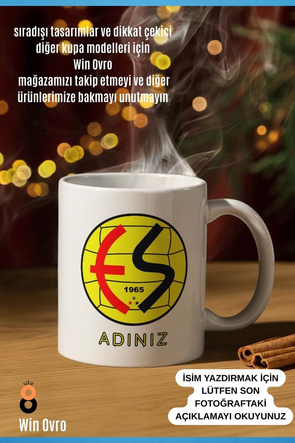 Win Ovro Premium Beyaz Porselen Hediye Çift Yön Baskılı Kupa Bardak - Eskişehirspor Kişiye Özel İsim