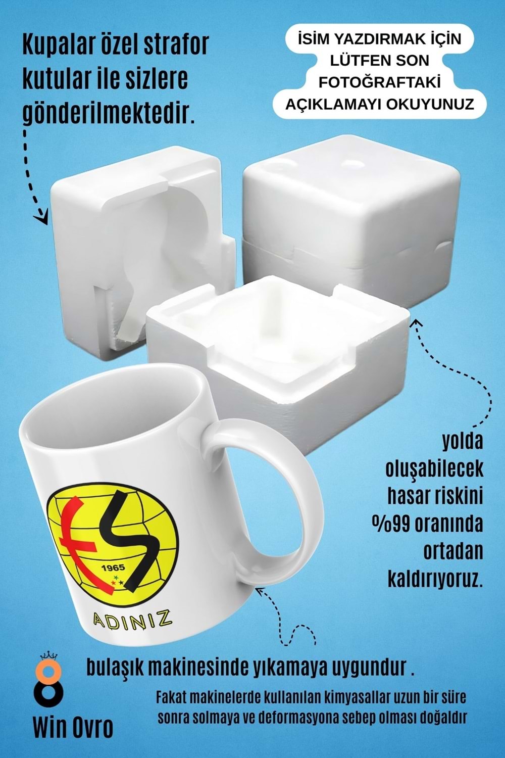 Win Ovro Premium Beyaz Porselen Hediye Çift Yön Baskılı Kupa Bardak - Eskişehirspor Kişiye Özel İsim