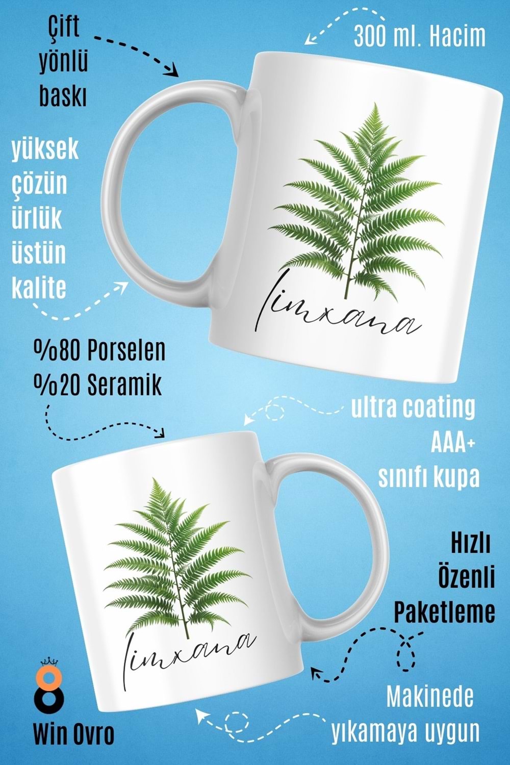 Win Ovro Premium Beyaz Porselen Hediye Çift Yön Baskılı Kupa Bardak - Eğrelti Otu Limhana Limxana