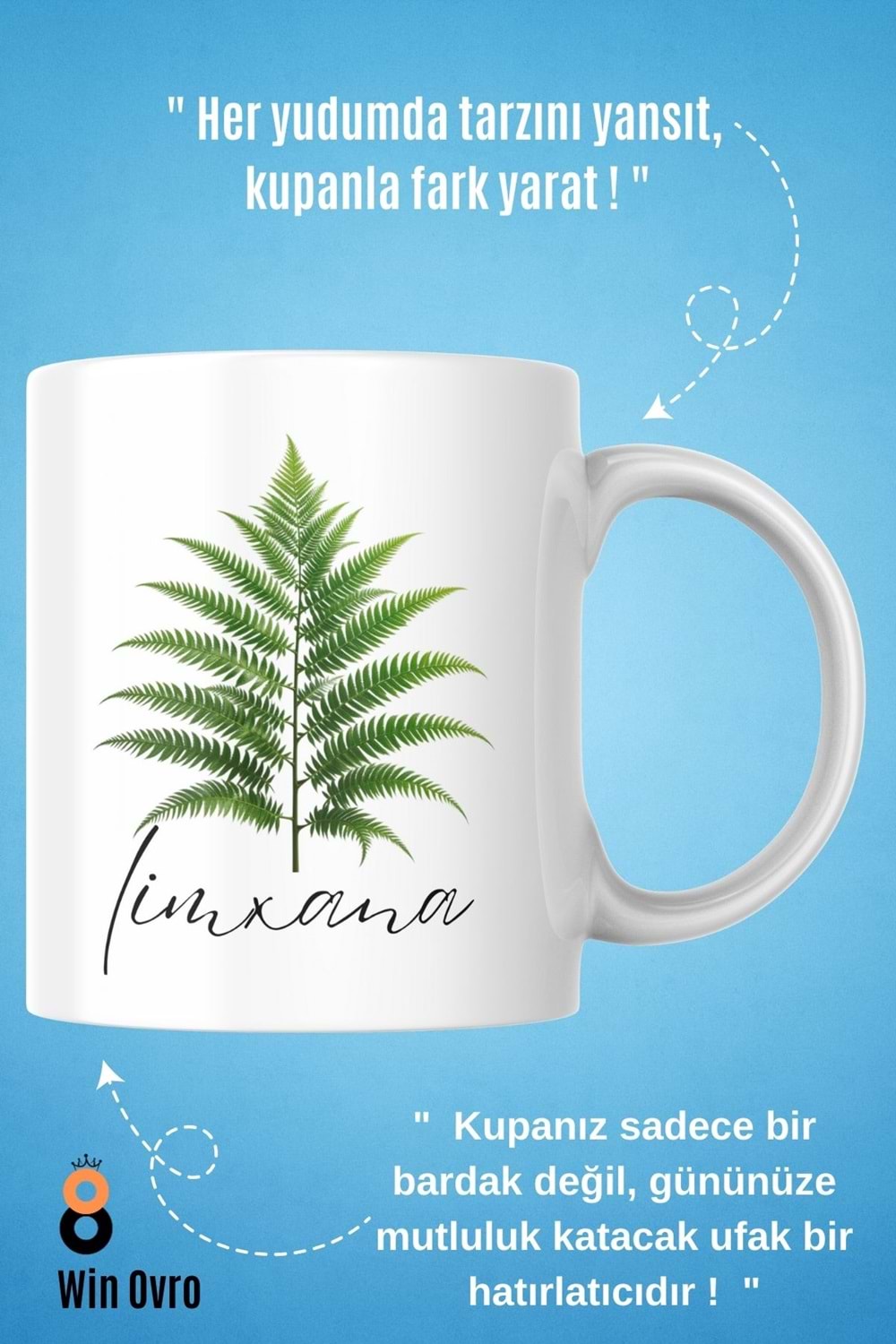 Win Ovro Premium Beyaz Porselen Hediye Çift Yön Baskılı Kupa Bardak - Eğrelti Otu Limhana Limxana