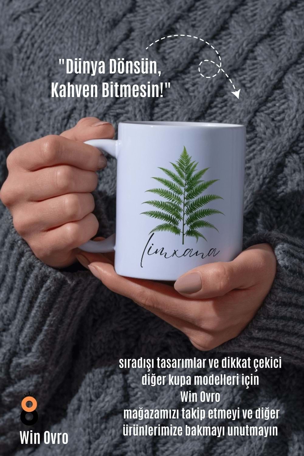 Win Ovro Premium Beyaz Porselen Hediye Çift Yön Baskılı Kupa Bardak - Eğrelti Otu Limhana Limxana