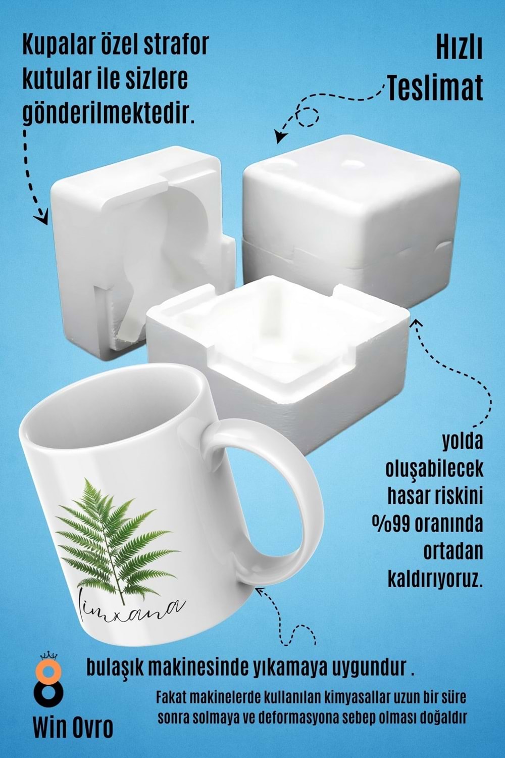 Win Ovro Premium Beyaz Porselen Hediye Çift Yön Baskılı Kupa Bardak - Eğrelti Otu Limhana Limxana