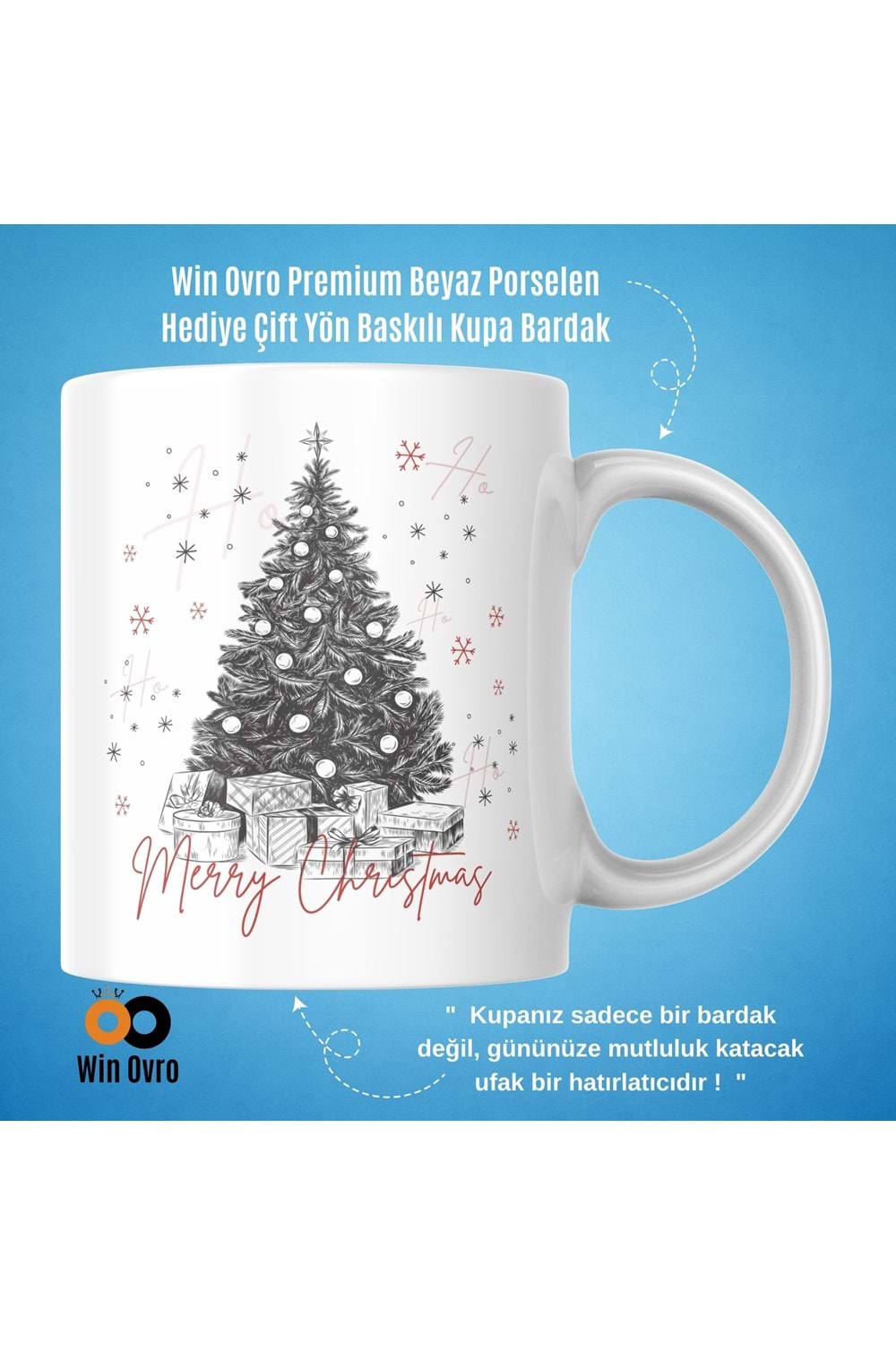 Win Ovro Premium Beyaz Porselen Hediye Çift Yön Baskılı Kupa Bardak - Merry Christmas Happy New Ye