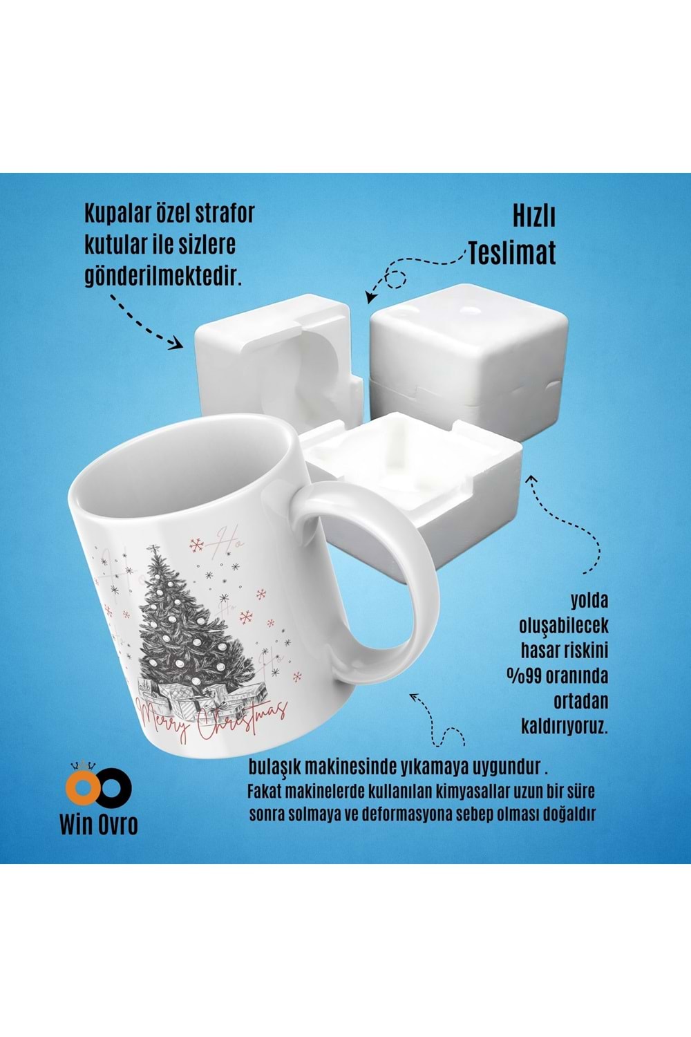 Win Ovro Premium Beyaz Porselen Hediye Çift Yön Baskılı Kupa Bardak - Merry Christmas Happy New Ye
