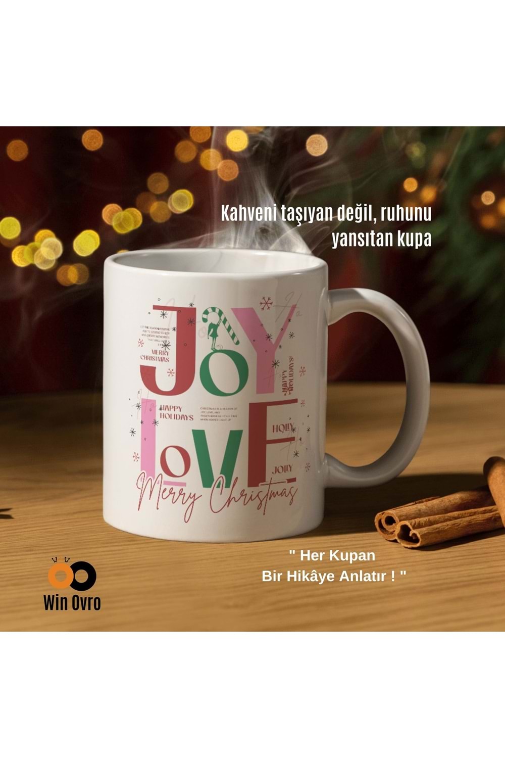 Win Ovro Premium Beyaz Porselen Hediye Çift Yön Baskılı Kupa Bardak - Joy Love Merry Christmas