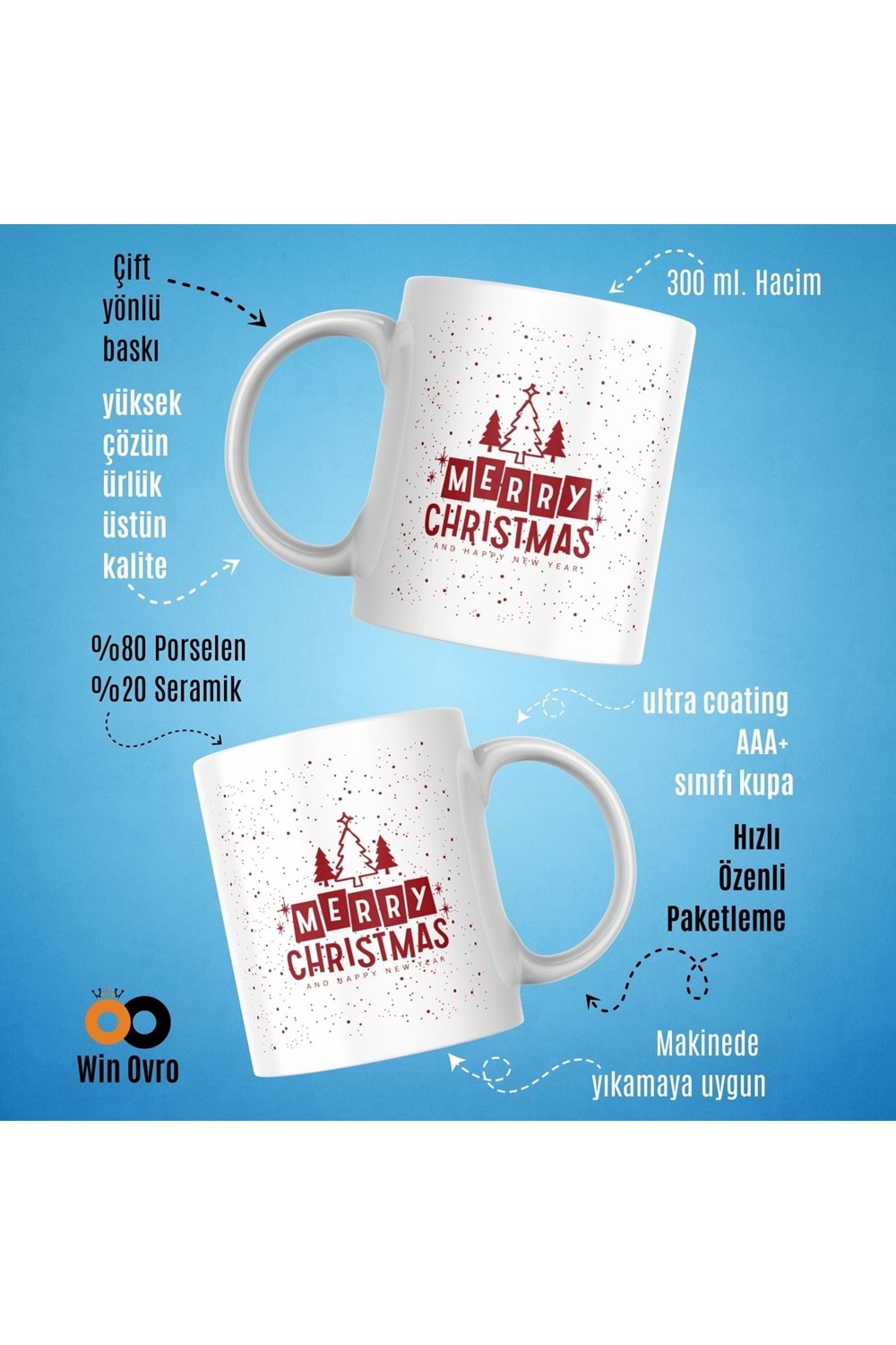 Win Ovro Premium Beyaz Porselen Hediye Çift Yön Baskılı Kupa Bardak - Merry Christmas Happy New 1