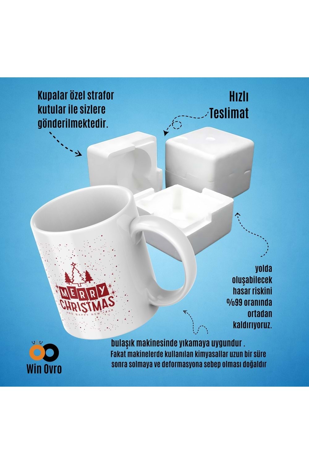 Win Ovro Premium Beyaz Porselen Hediye Çift Yön Baskılı Kupa Bardak - Merry Christmas Happy New 1
