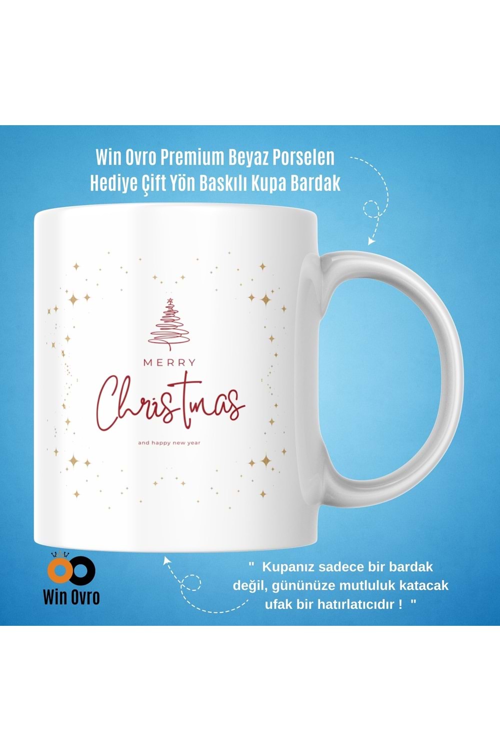 Win Ovro Premium Beyaz Porselen Hediye Çift Yön Baskılı Kupa Bardak - Merry Christmas Happy New 2