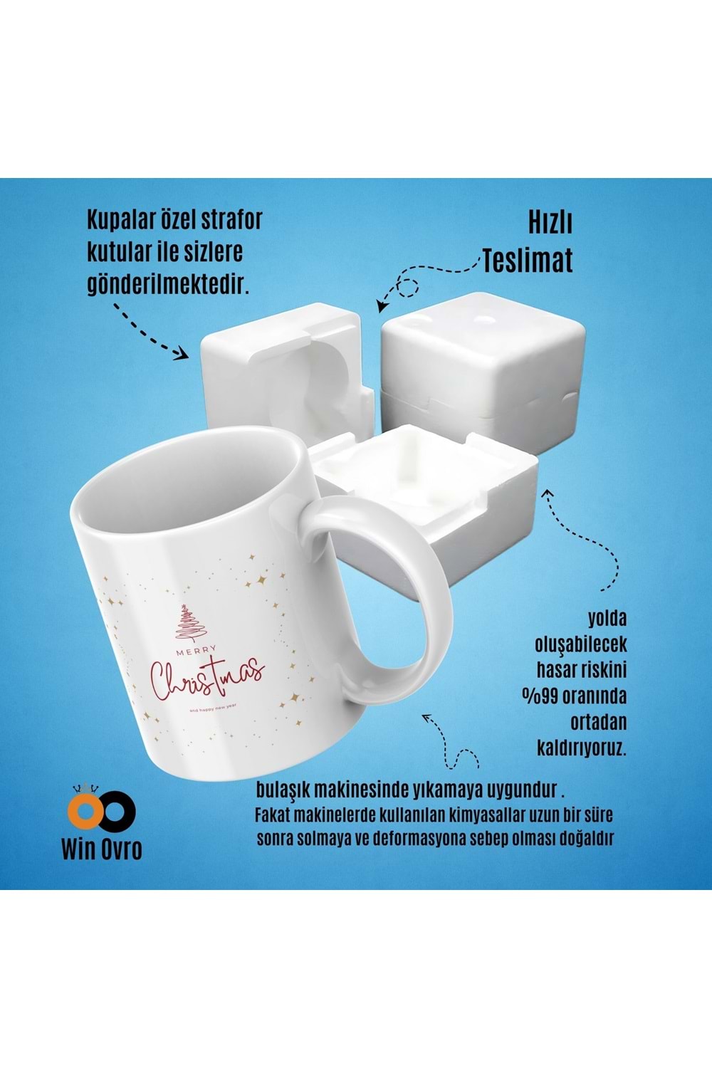 Win Ovro Premium Beyaz Porselen Hediye Çift Yön Baskılı Kupa Bardak - Merry Christmas Happy New 2