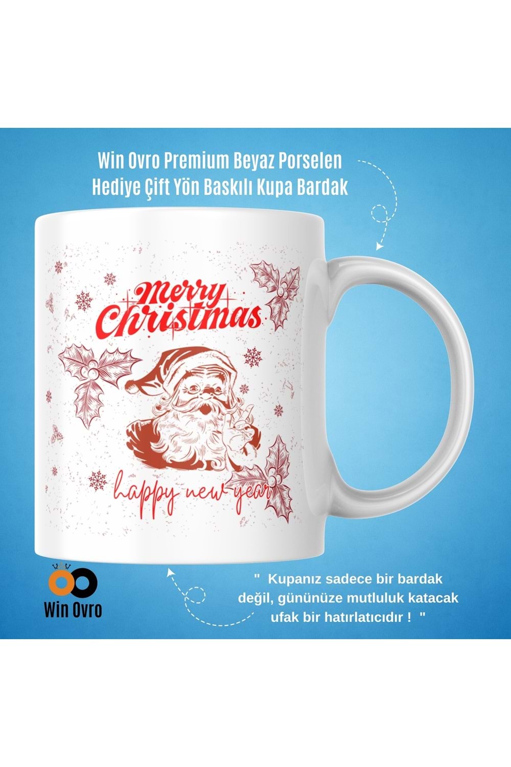 Win Ovro Premium Beyaz Porselen Hediye Çift Yön Baskılı Kupa Bardak - Merry Christmas Happy New 3