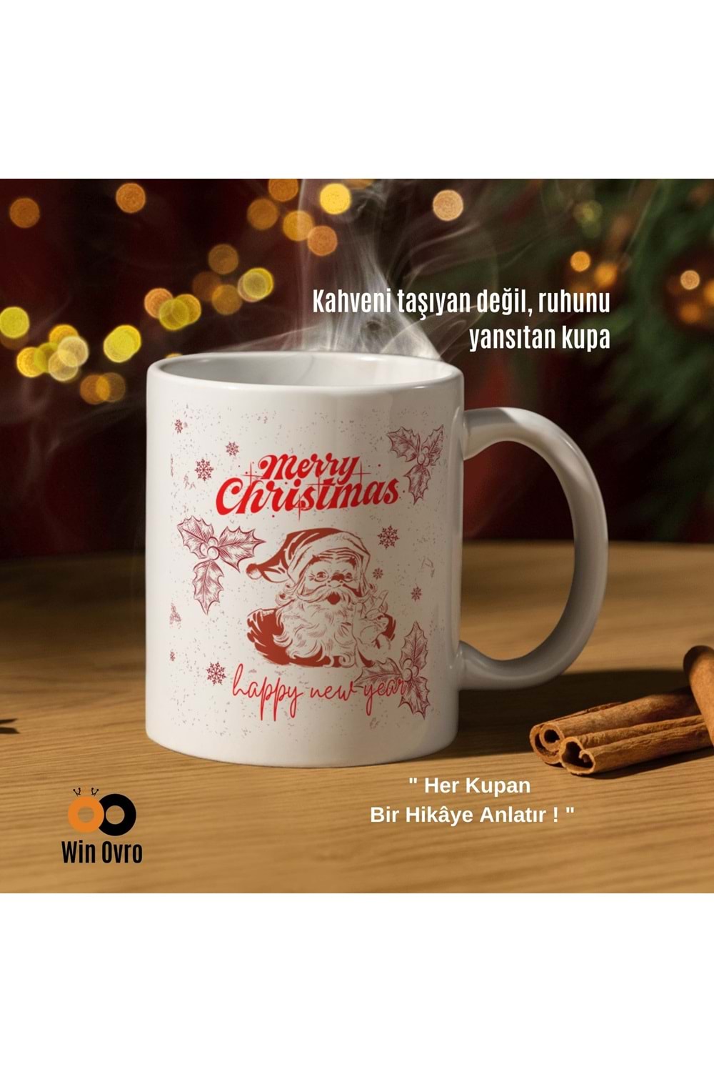 Win Ovro Premium Beyaz Porselen Hediye Çift Yön Baskılı Kupa Bardak - Merry Christmas Happy New 3