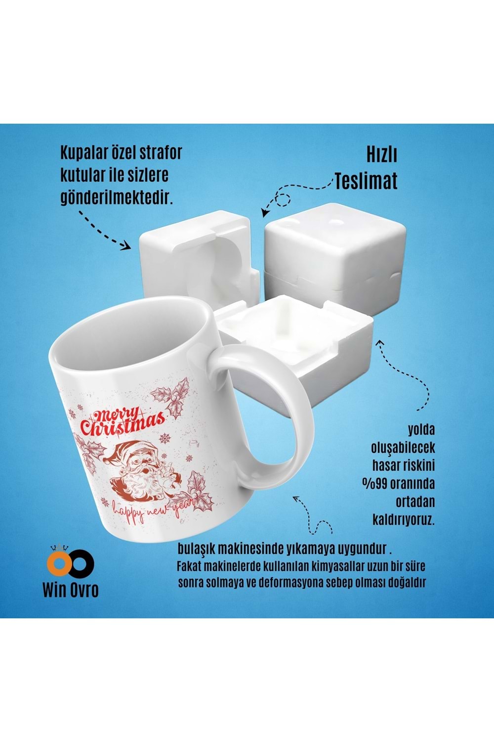 Win Ovro Premium Beyaz Porselen Hediye Çift Yön Baskılı Kupa Bardak - Merry Christmas Happy New 3