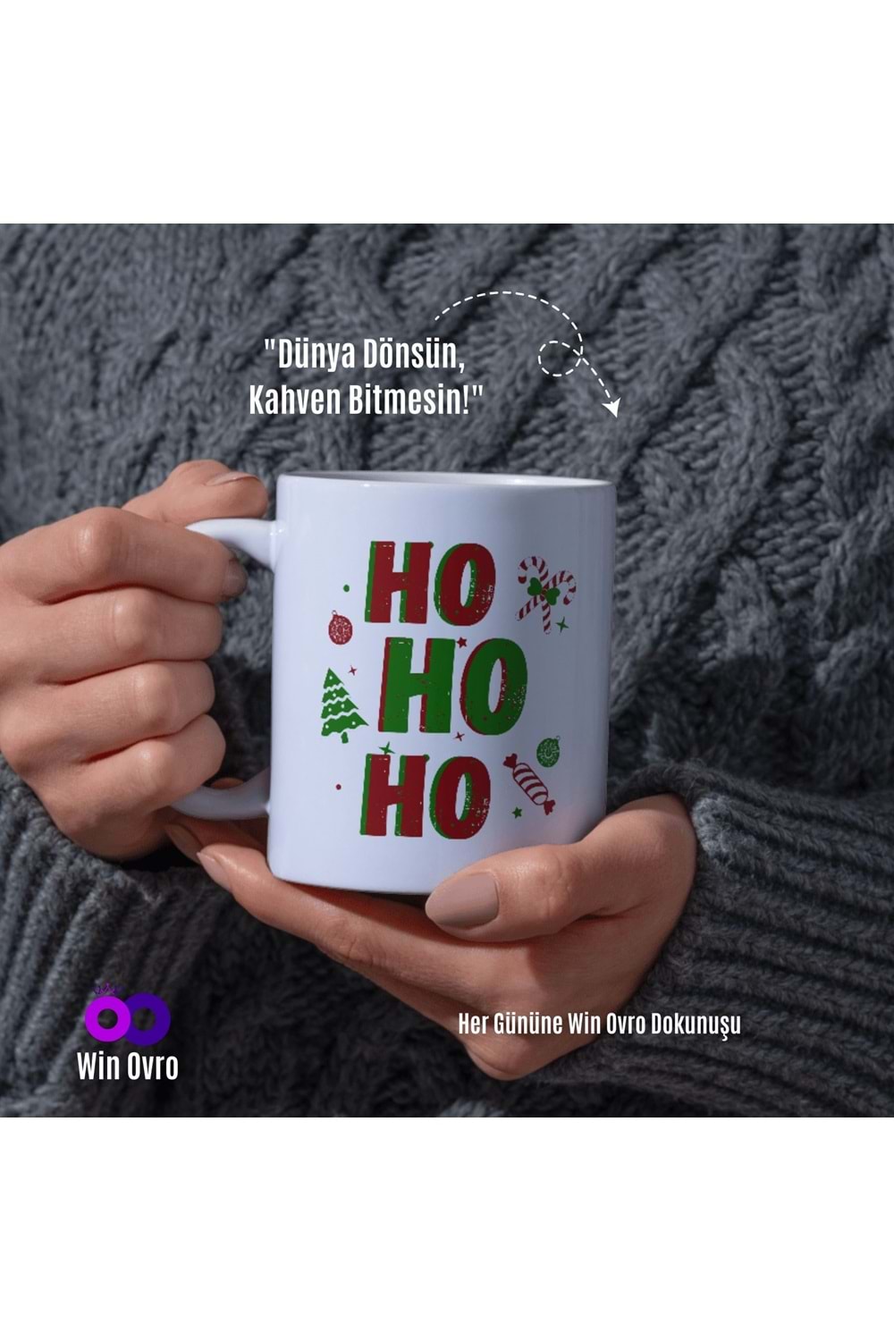 Win Ovro Premium Beyaz Porselen Hediye Çift Yön Baskılı Kupa Bardak - Ho Ho Ho Christmas