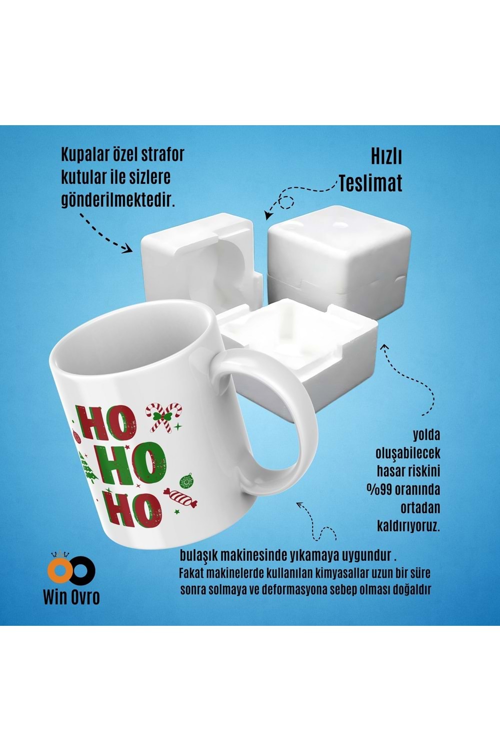 Win Ovro Premium Beyaz Porselen Hediye Çift Yön Baskılı Kupa Bardak - Ho Ho Ho Christmas