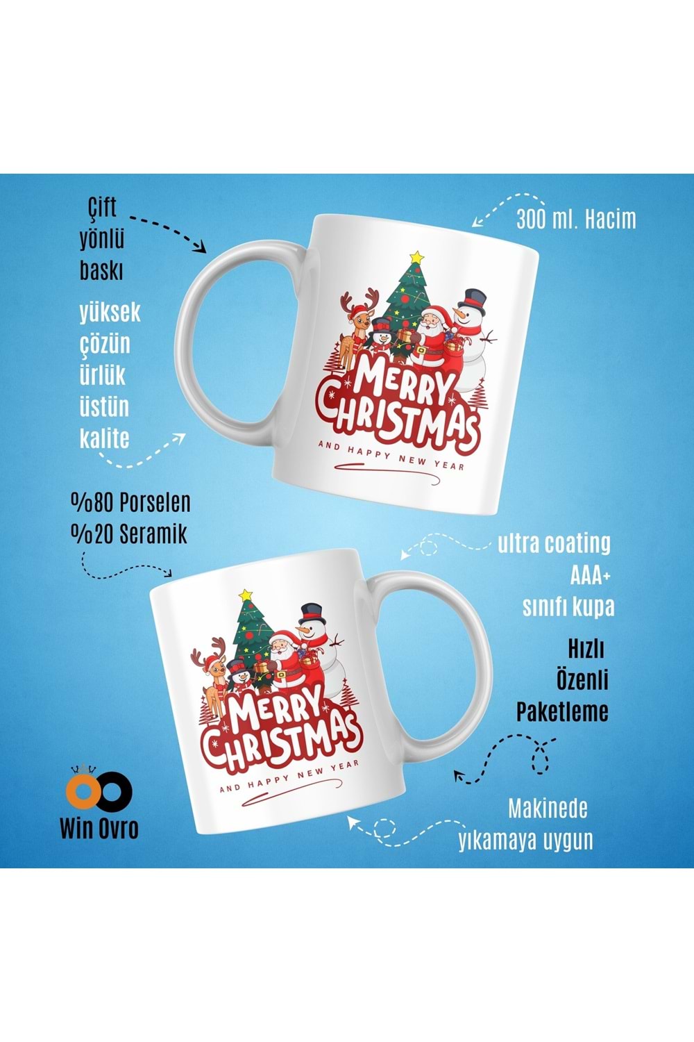 Win Ovro Premium Beyaz Porselen Hediye Çift Yön Baskılı Kupa Bardak - Merry Christmas Happy New 4