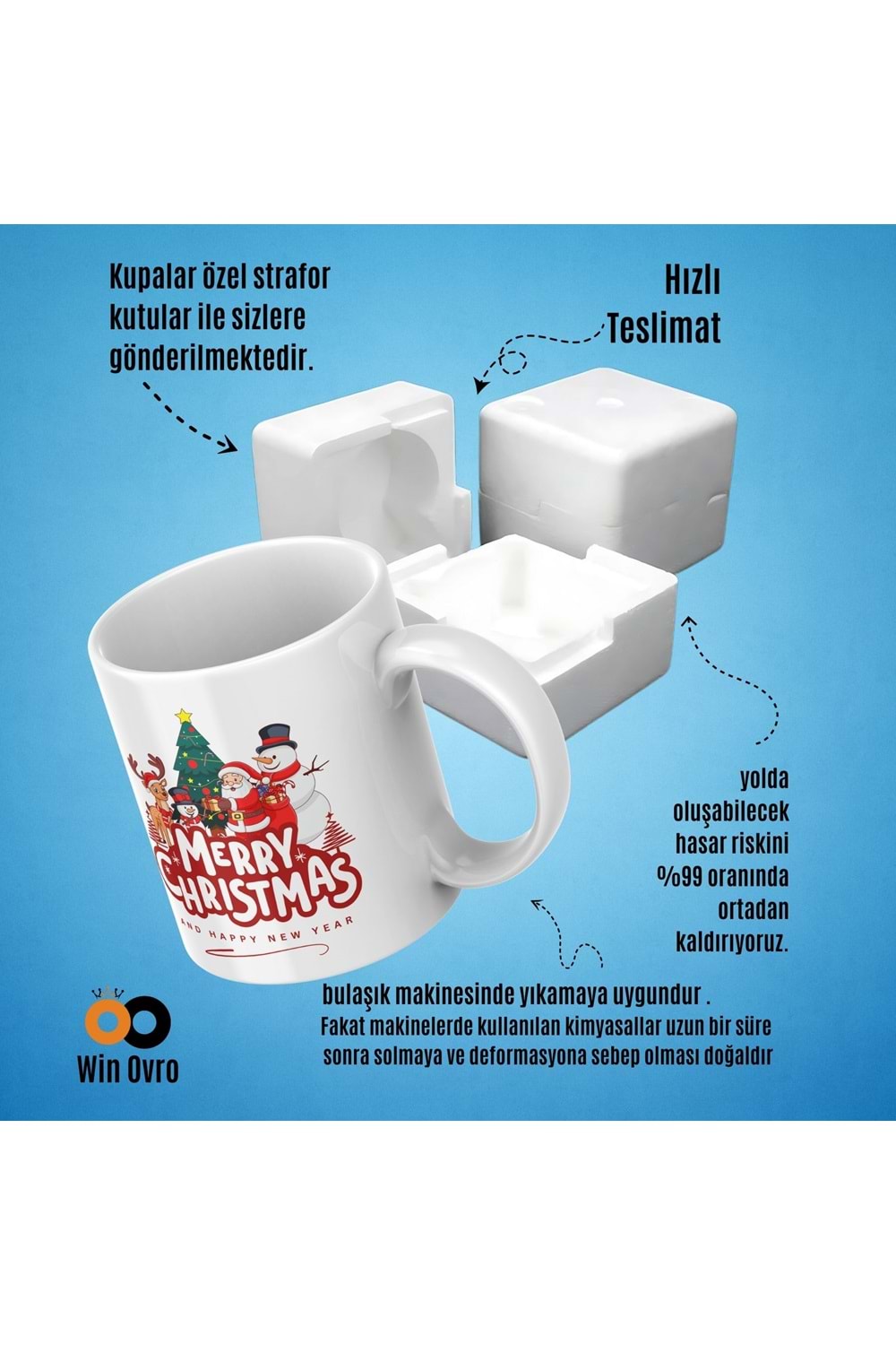 Win Ovro Premium Beyaz Porselen Hediye Çift Yön Baskılı Kupa Bardak - Merry Christmas Happy New 4