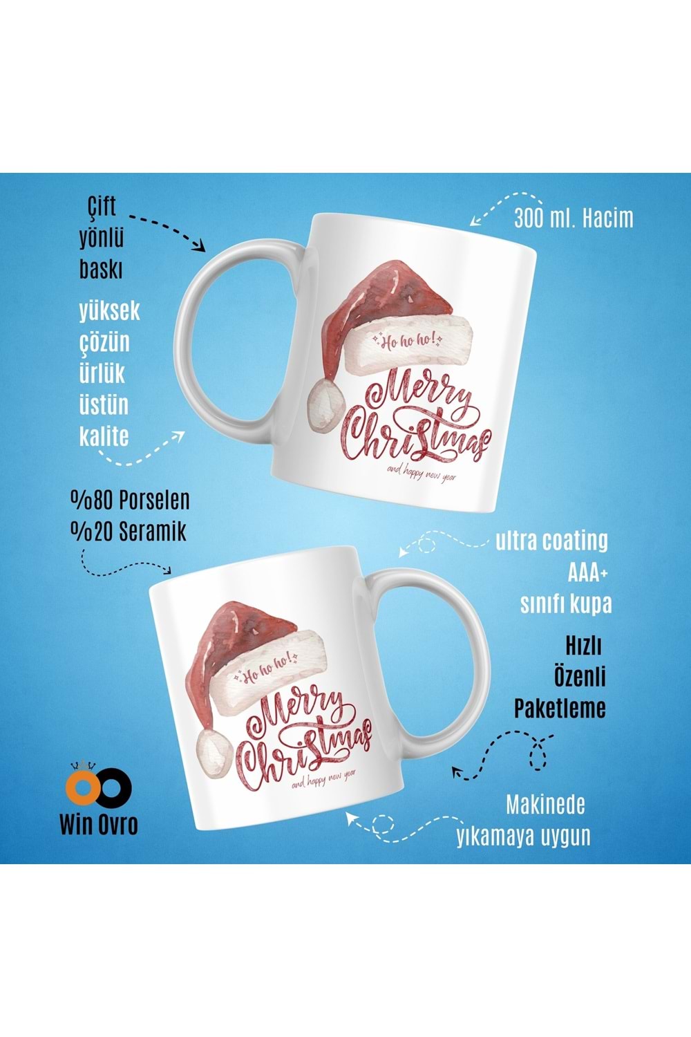 Win Ovro Premium Beyaz Porselen Hediye Çift Yön Baskılı Kupa Bardak - Merry Christmas Happy New 5