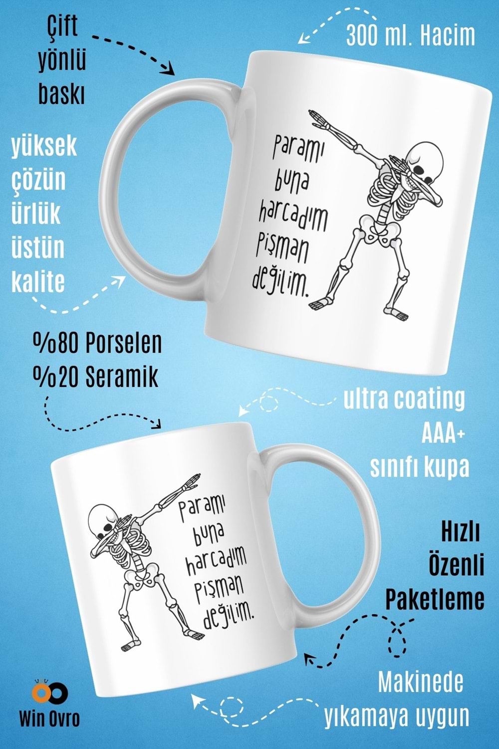 Win Ovro Premium Beyaz Porselen Hediye Çift Yön Baskılı Kupa Bardak - Pişman Değilim