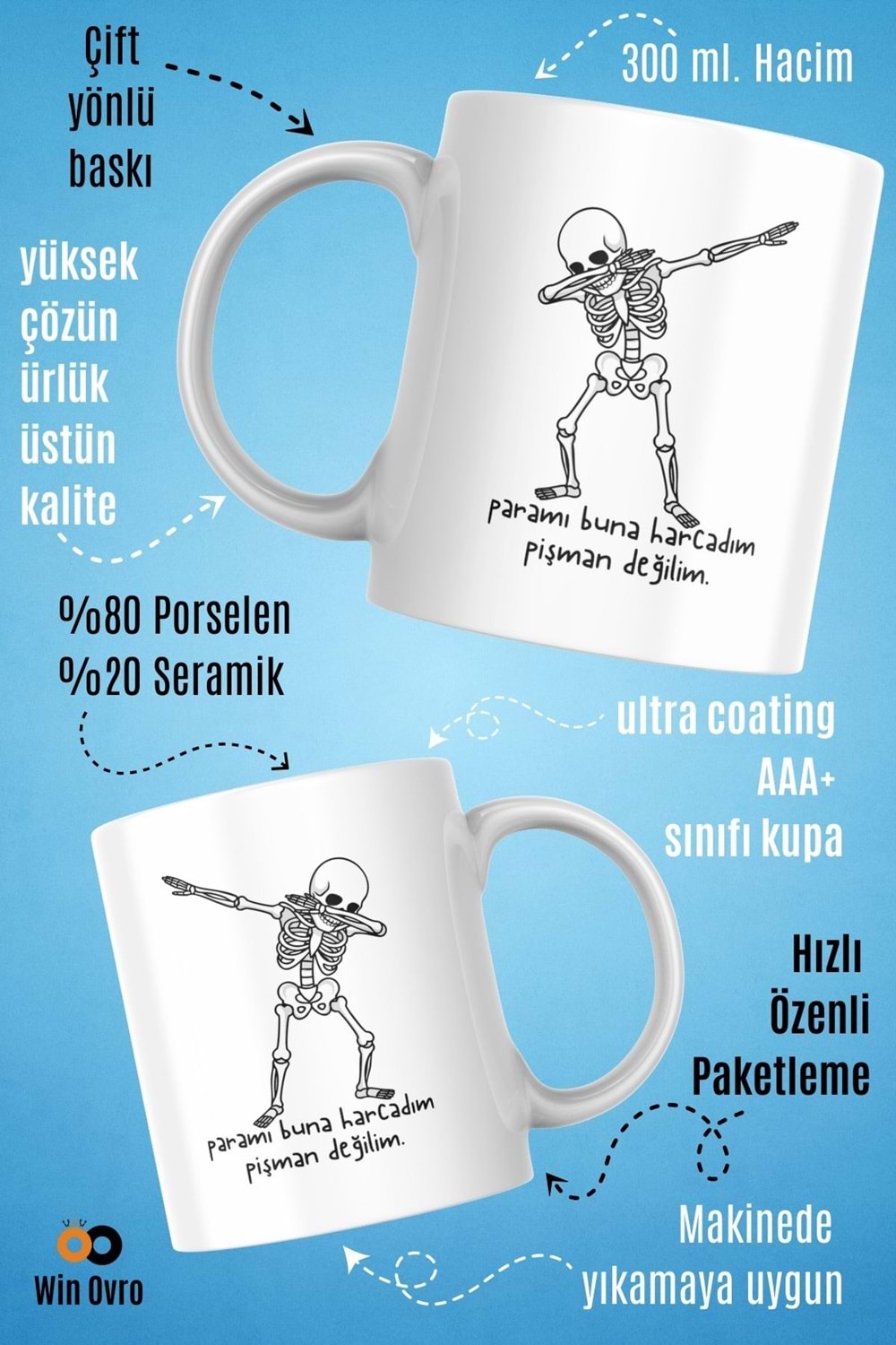 Win Ovro Premium Beyaz Porselen Hediye Çift Yön Baskılı Kupa Bardak - Pişman Değilimm