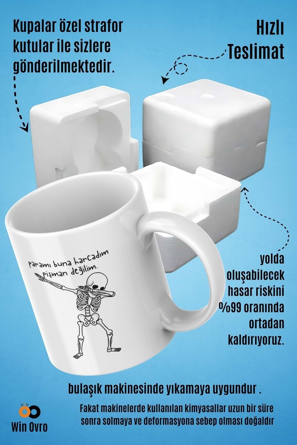 Win Ovro Premium Beyaz Porselen Hediye Çift Yön Baskılı Kupa Bardak - Pişman Değilimmm