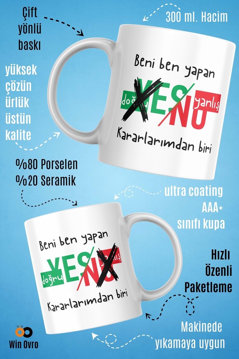 Win Ovro Premium Beyaz Porselen Hediye Çift Yön Baskılı Kupa Bardak - Doğru Yanlış Karar