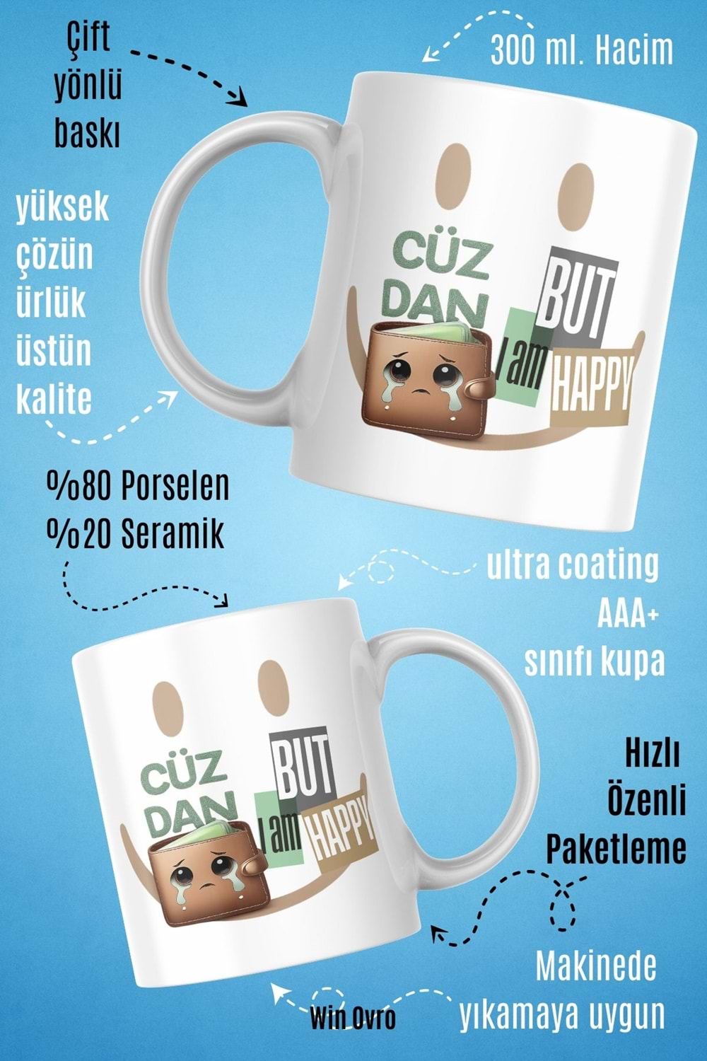 Win Ovro Premium Beyaz Porselen Hediye Çift Yön Baskılı Kupa Bardak - Cüzdan Üzgün But I am Happy