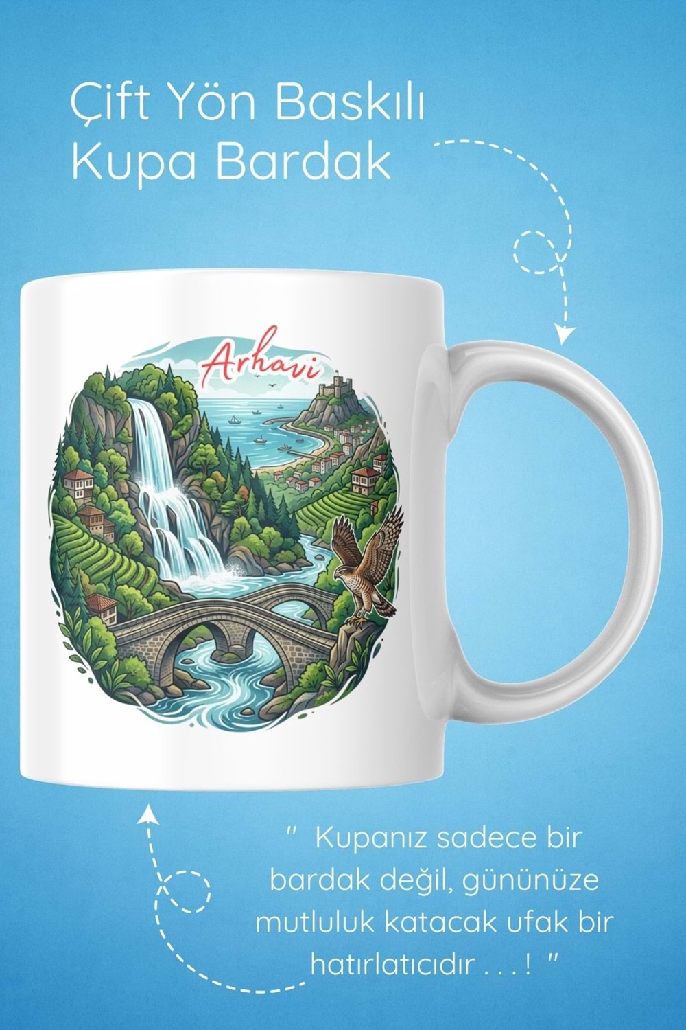 Win Ovro Premium Beyaz Porselen Hediye Çift Yön Baskılı Kupa Bardak - Arhavi