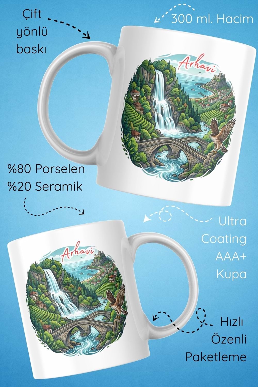 Win Ovro Premium Beyaz Porselen Hediye Çift Yön Baskılı Kupa Bardak - Arhavi