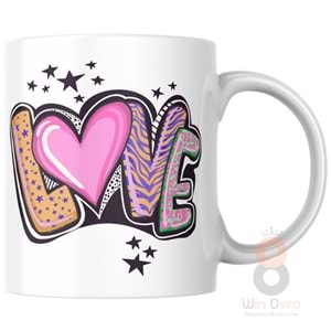 Win Ovro Premium Ultra Beyaz Porselen Kupa Bardak Çift Yönlü Baskılı - Love Yazı Desenli Renkli