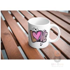 Win Ovro Premium Ultra Beyaz Porselen Kupa Bardak Çift Yönlü Baskılı - Love Yazı Desenli Renkli