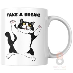 Win Ovro Premium Ultra Beyaz Porselen Kupa Bardak Çift Yönlü Baskılı - Take A Break Coffee