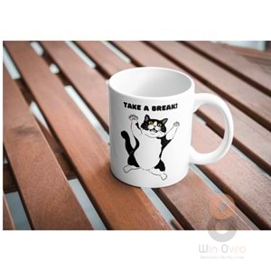 Win Ovro Premium Ultra Beyaz Porselen Kupa Bardak Çift Yönlü Baskılı - Take A Break Coffee