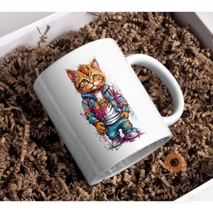 Win Ovro Premium Ultra Beyaz Porselen Kupa Bardak Çift Yönlü Baskı - Kedi Cat Renkli Art Tasarım
