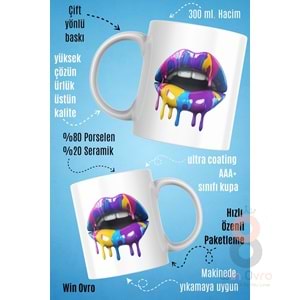 Win Ovro Premium Beyaz Porselen Hediye Kupa Bardak Çift Yön Baskı - Sanatsal Dudaklar Artistic Lips