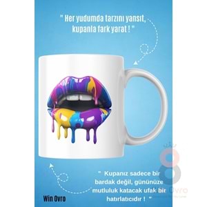 Win Ovro Premium Beyaz Porselen Hediye Kupa Bardak Çift Yön Baskı - Sanatsal Dudaklar Artistic Lips