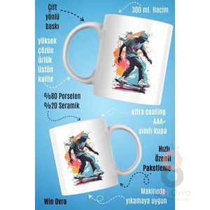 Win Ovro Premium Beyaz Porselen Hediye Kupa Bardak Çift Yön Baskı - Graffiti Skater Rengine KayKay